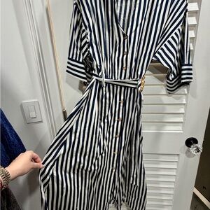 Zara Navy and White Striped Long Sleeve Dress